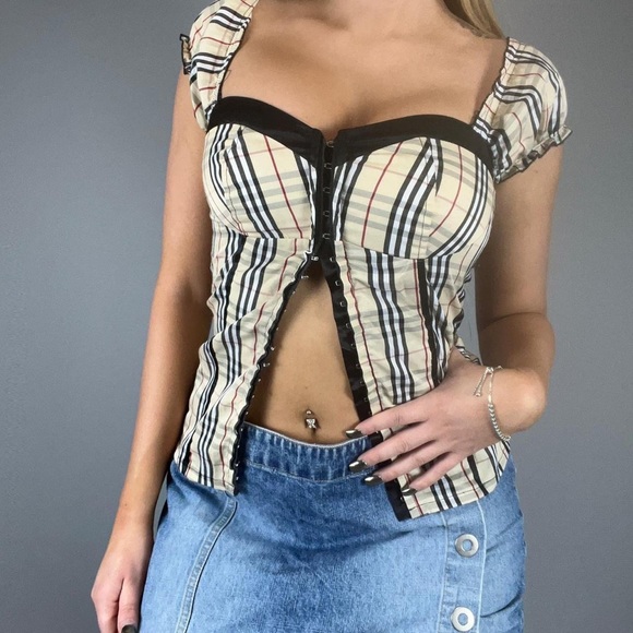 ❌SOLD-DEPOP❌ Roberto Cavalli “Just Cavalli” Nova Check Baby Doll Hook & Eye Top - Picture 2 of 4